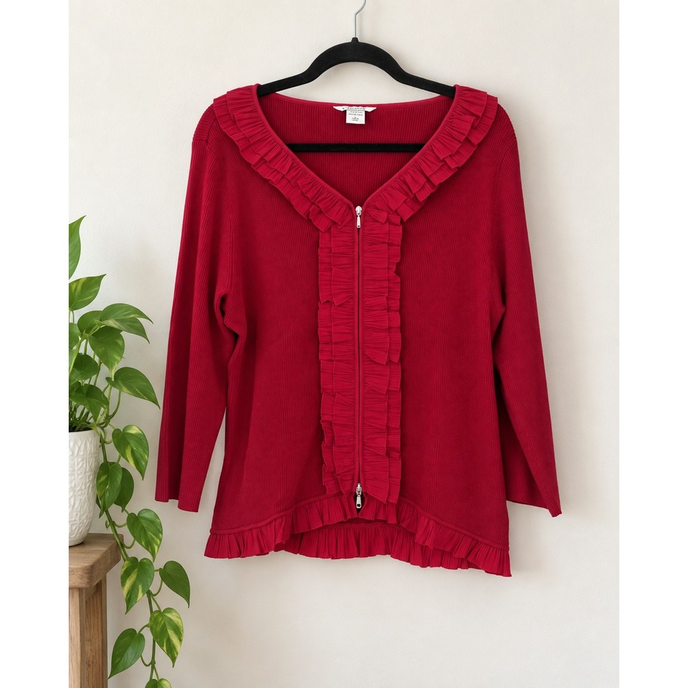 Nygard Collection Red Ruffle Zip Cardigan XL Textured Knit 3/4 Sleeve Statement